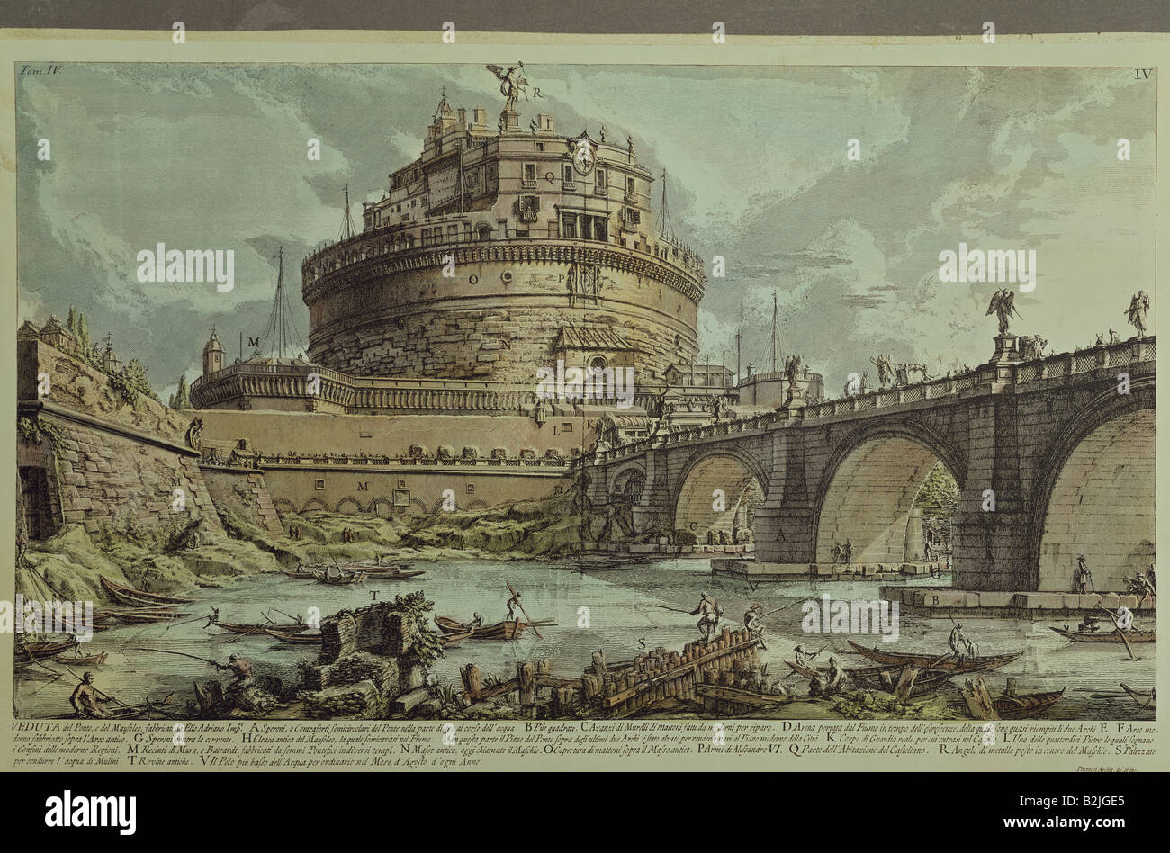 geography / travel, Italy, Rome, castles, Castel Sant`Angelo, copper engraving, coloured, by Giovanni Battista  Piranesi (1720 - 1778), from the series 'Vedute di Roma', Italy, 1773, private collection, Artist's Copyright has not to be cleared Stock Photo